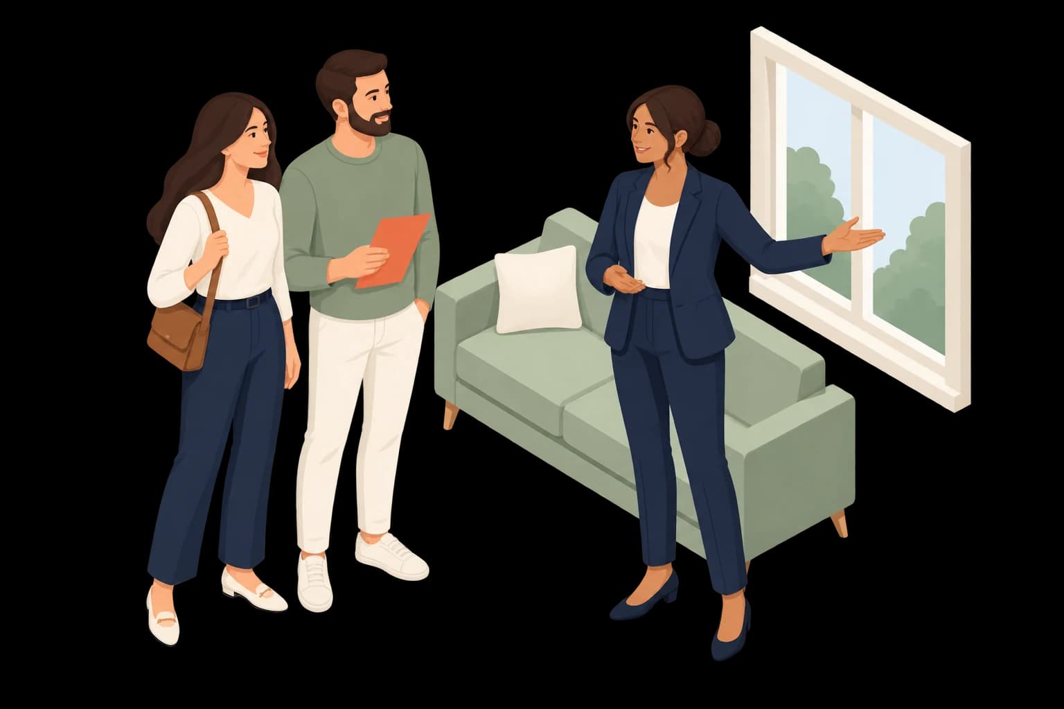 Illustrated agent showing a couple a room with a sage sofa and window.