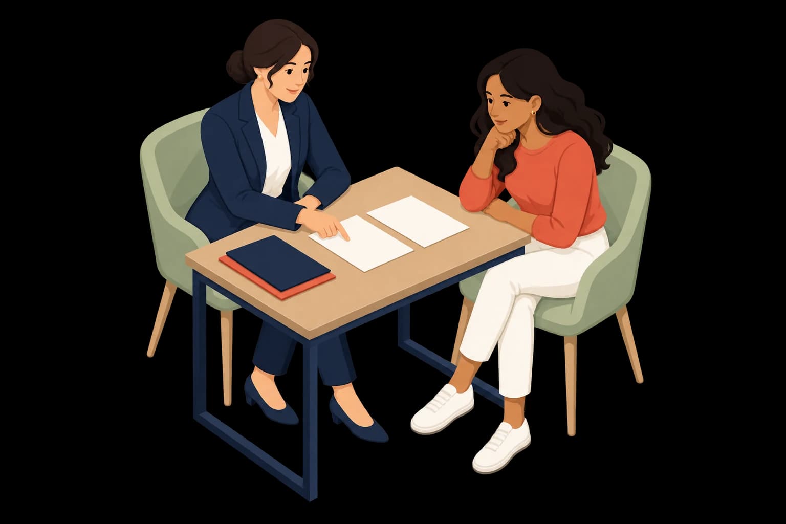 Two illustrated women reviewing blank documents at a small desk.