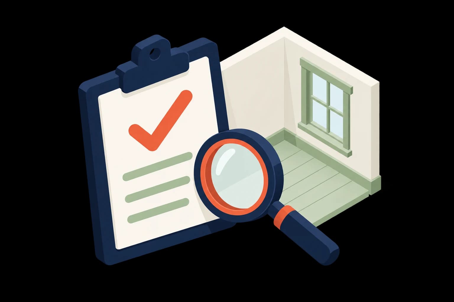 Isometric checklist, magnifying glass and a room with a window.