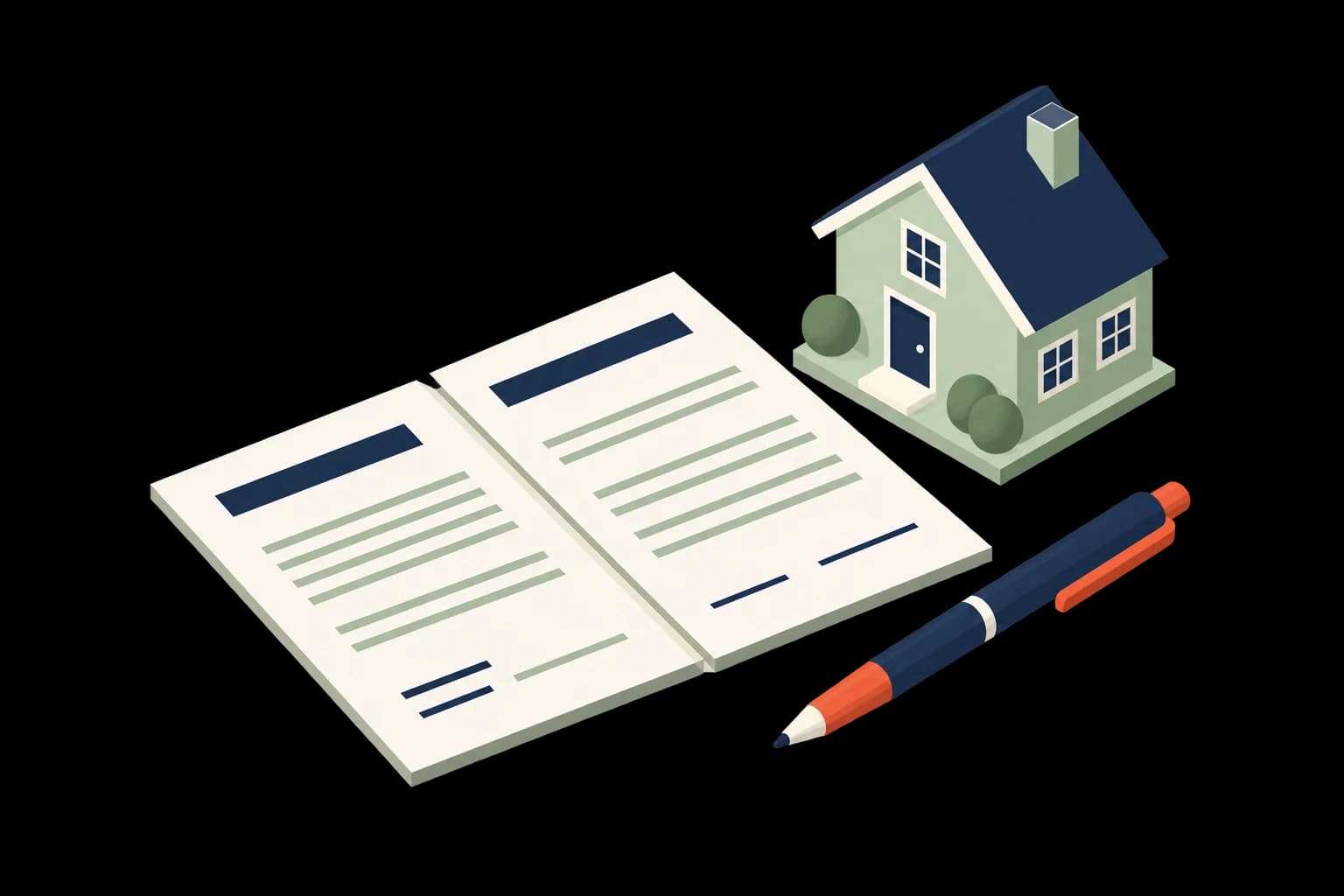 Two blank agreement sheets, a pen and a small house.