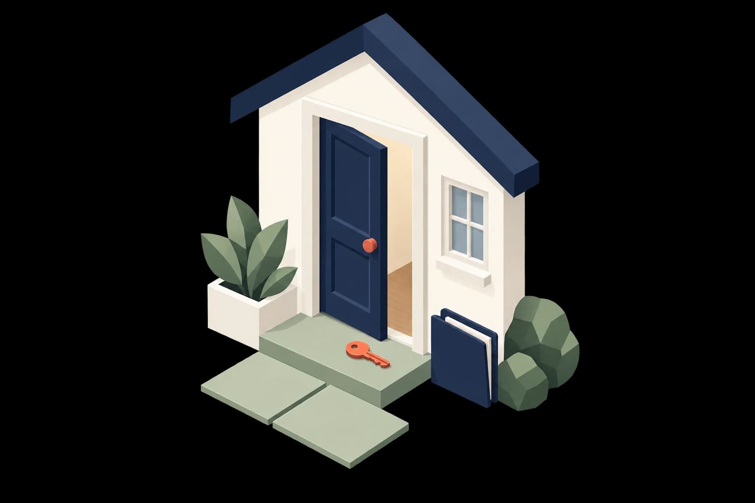 Isometric open home door with a coral key and navy document folder.