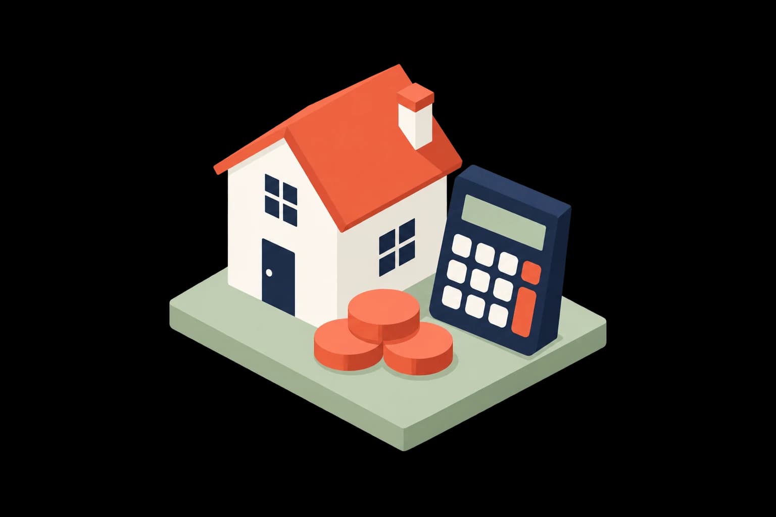 Isometric home beside a calculator and three unlabelled coins.