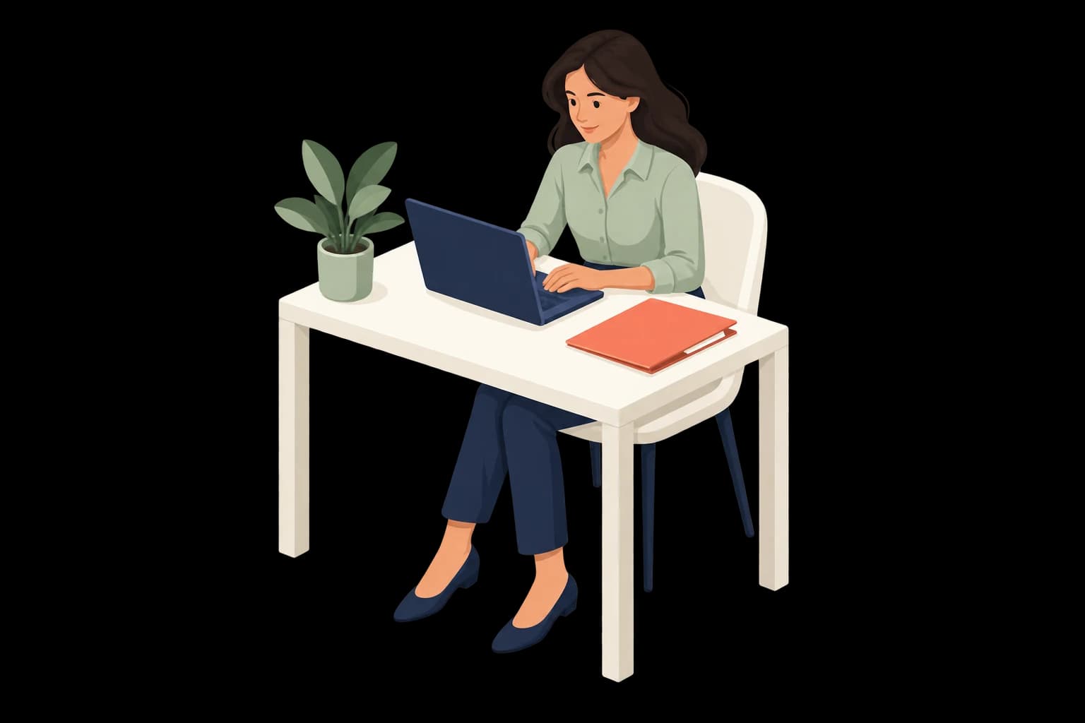 Illustrated woman planning her rental application with a laptop and folder.
